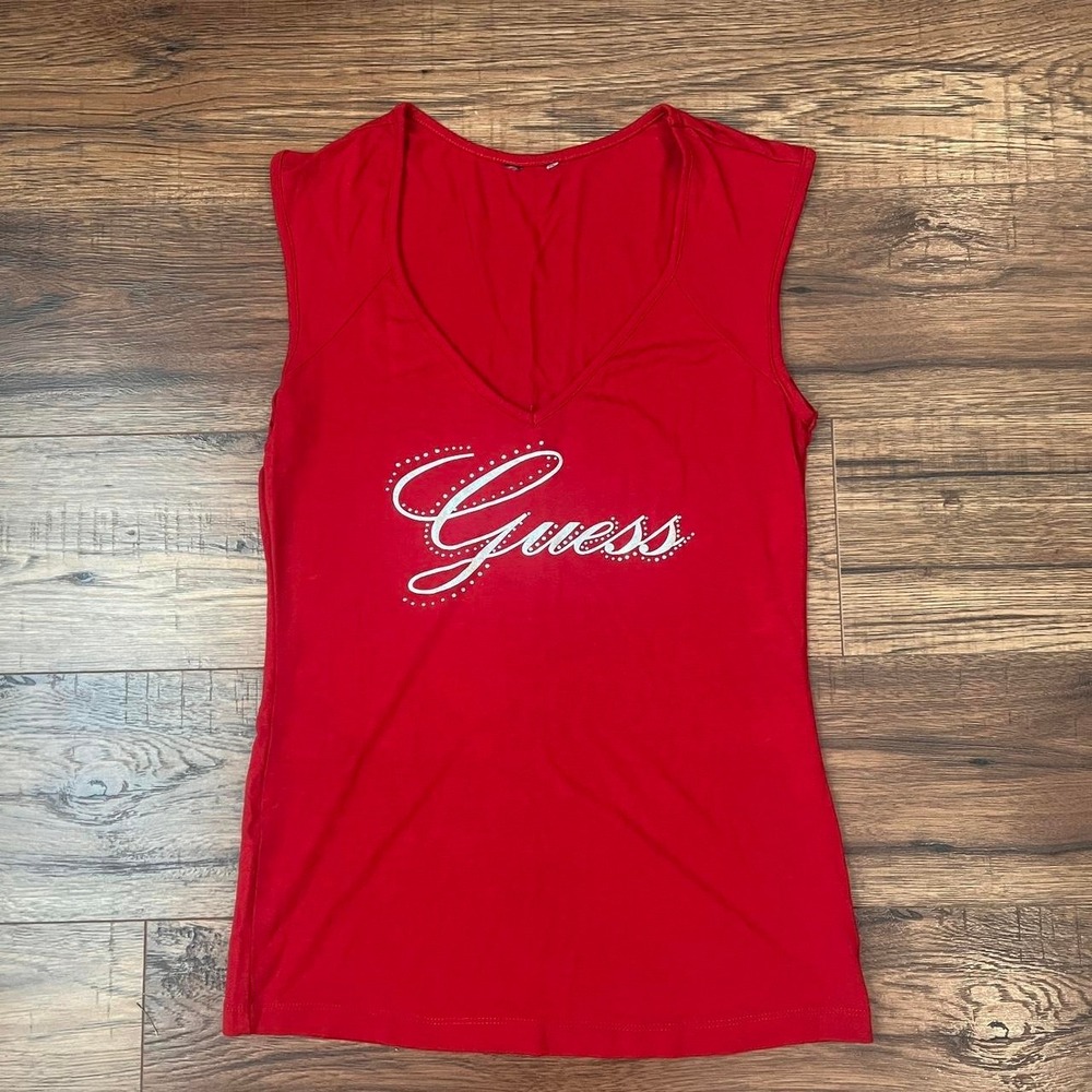 Guess Vintage Red Tank Top Rhinestone Logo Women S Classic Y2K Mcbling Glam